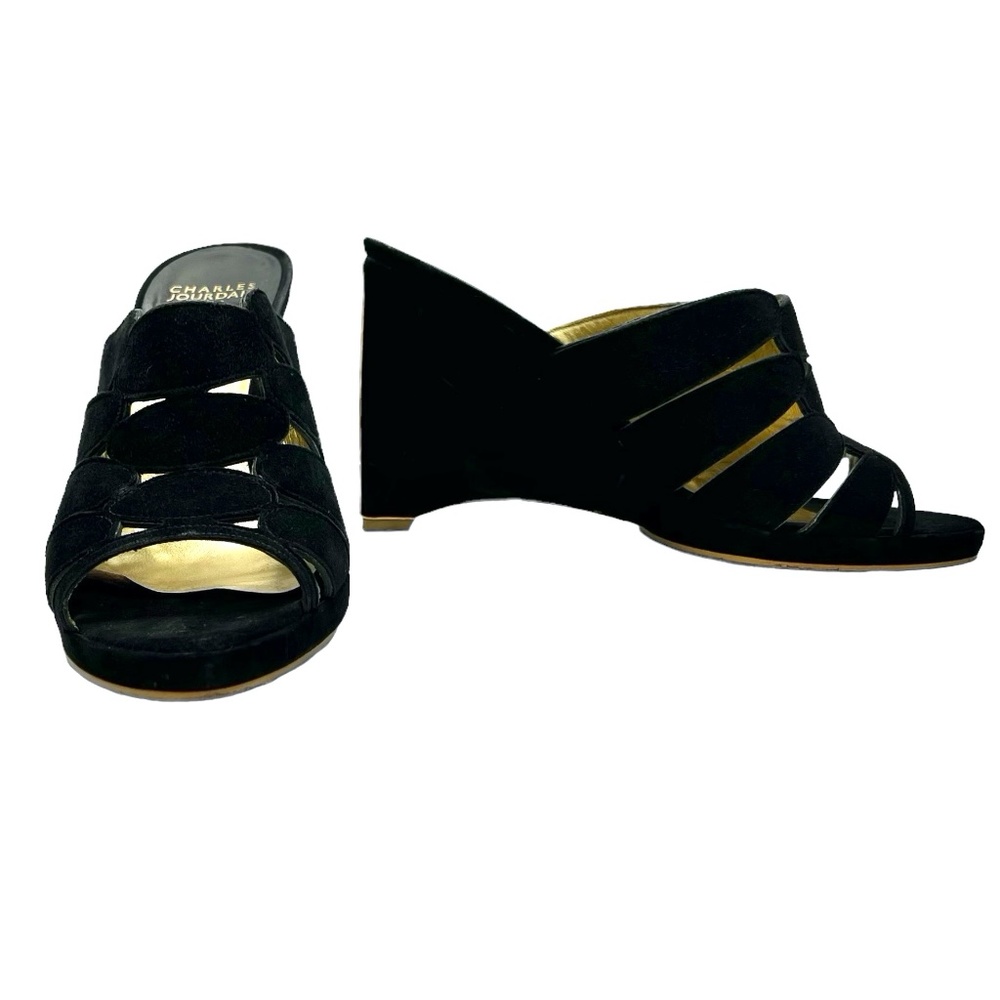 CHARLES JOURDAN PARIS BLACK SUEDE & GOLD METAL WEDGES SIZE 8.5M - Picture 2 of 15